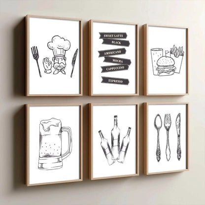 Kitchen Theme Framed Posters for Restaurant Kitchen Dinning Room Cafe Wall Decor Set of 6
