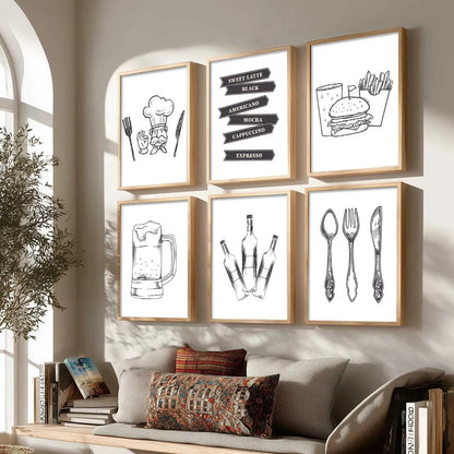 Kitchen Theme Framed Posters for Restaurant Kitchen Dinning Room Cafe Wall Decor Set of 6