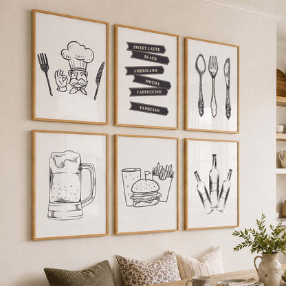 Kitchen Theme Framed Posters for Restaurant Kitchen Dinning Room Cafe Wall Decor Set of 6