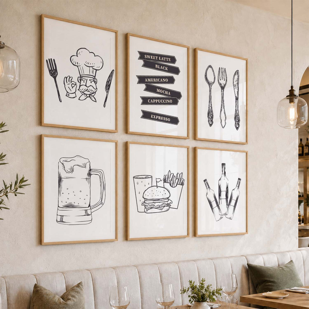 Kitchen Theme Framed Posters for Restaurant Kitchen Dinning Room Cafe Wall Decor Set of 6