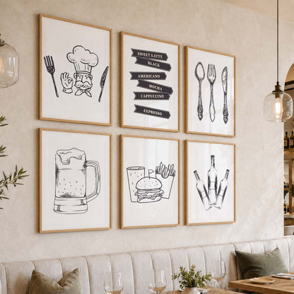 Kitchen Theme Framed Posters for Restaurant Kitchen Dinning Room Cafe Wall Decor Set of 6