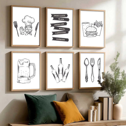 Kitchen Theme Framed Posters for Restaurant Kitchen Dinning Room Cafe Wall Decor Set of 6