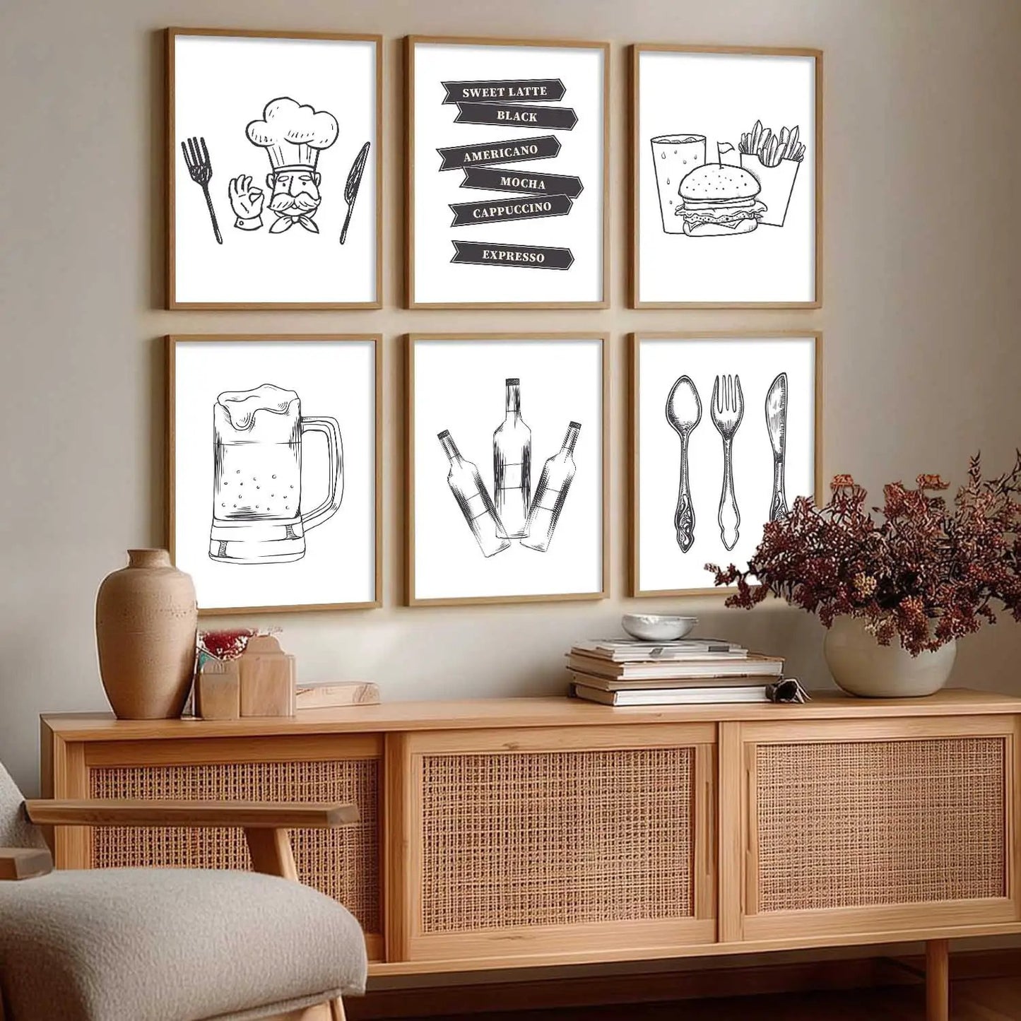 Kitchen Theme Framed Posters for Restaurant Kitchen Dinning Room Cafe Wall Decor Set of 6