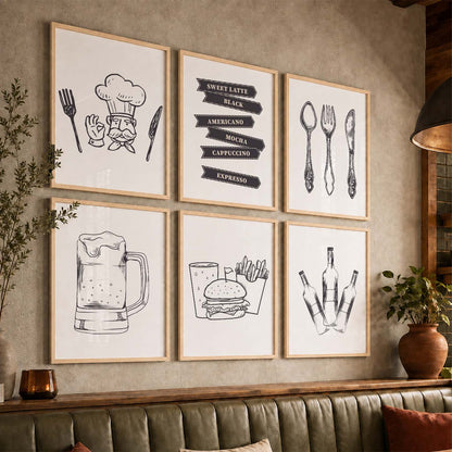 Kitchen Theme Framed Posters for Restaurant Kitchen Dinning Room Cafe Wall Decor Set of 6