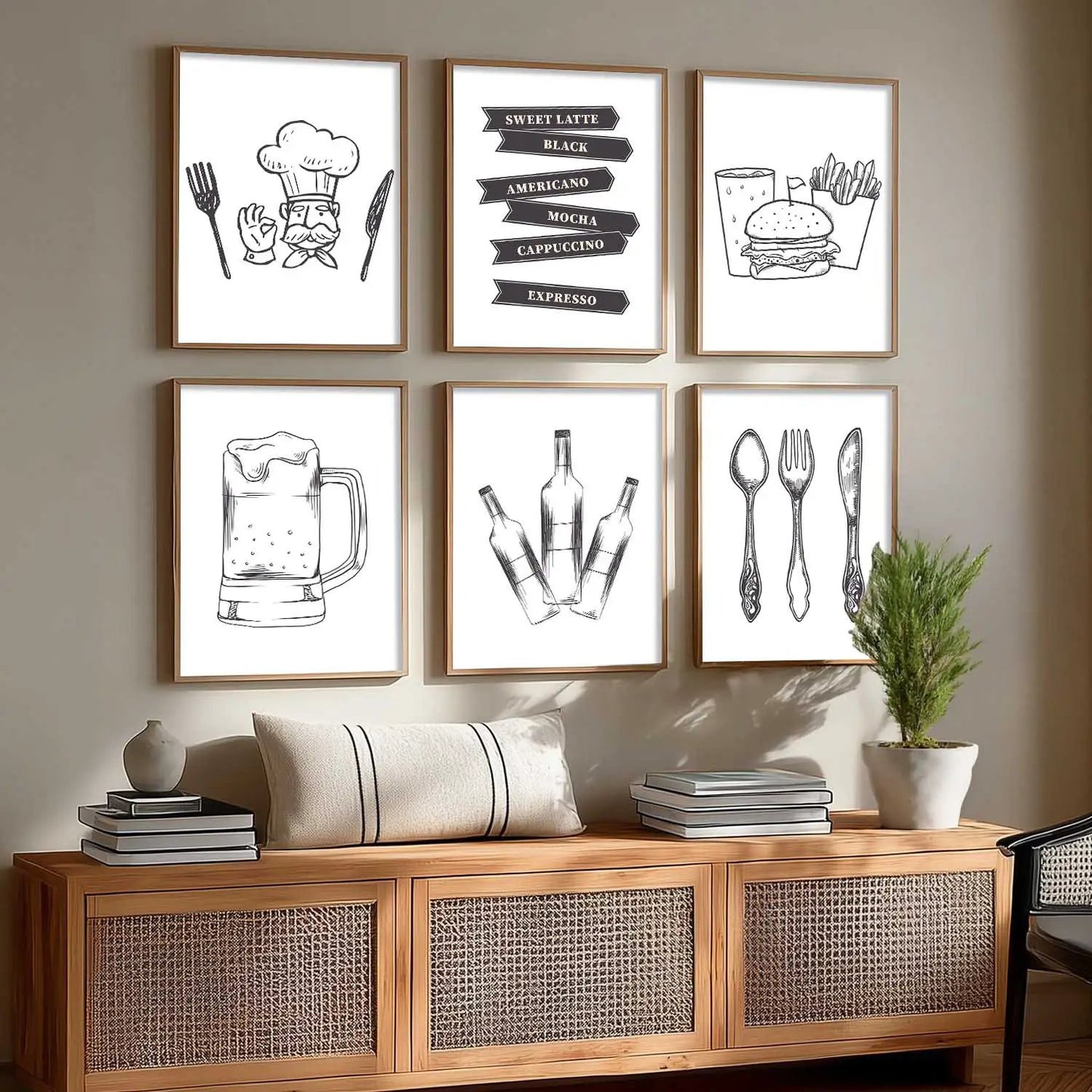Kitchen Theme Framed Posters for Restaurant Kitchen Dinning Room Cafe Wall Decor Set of 6