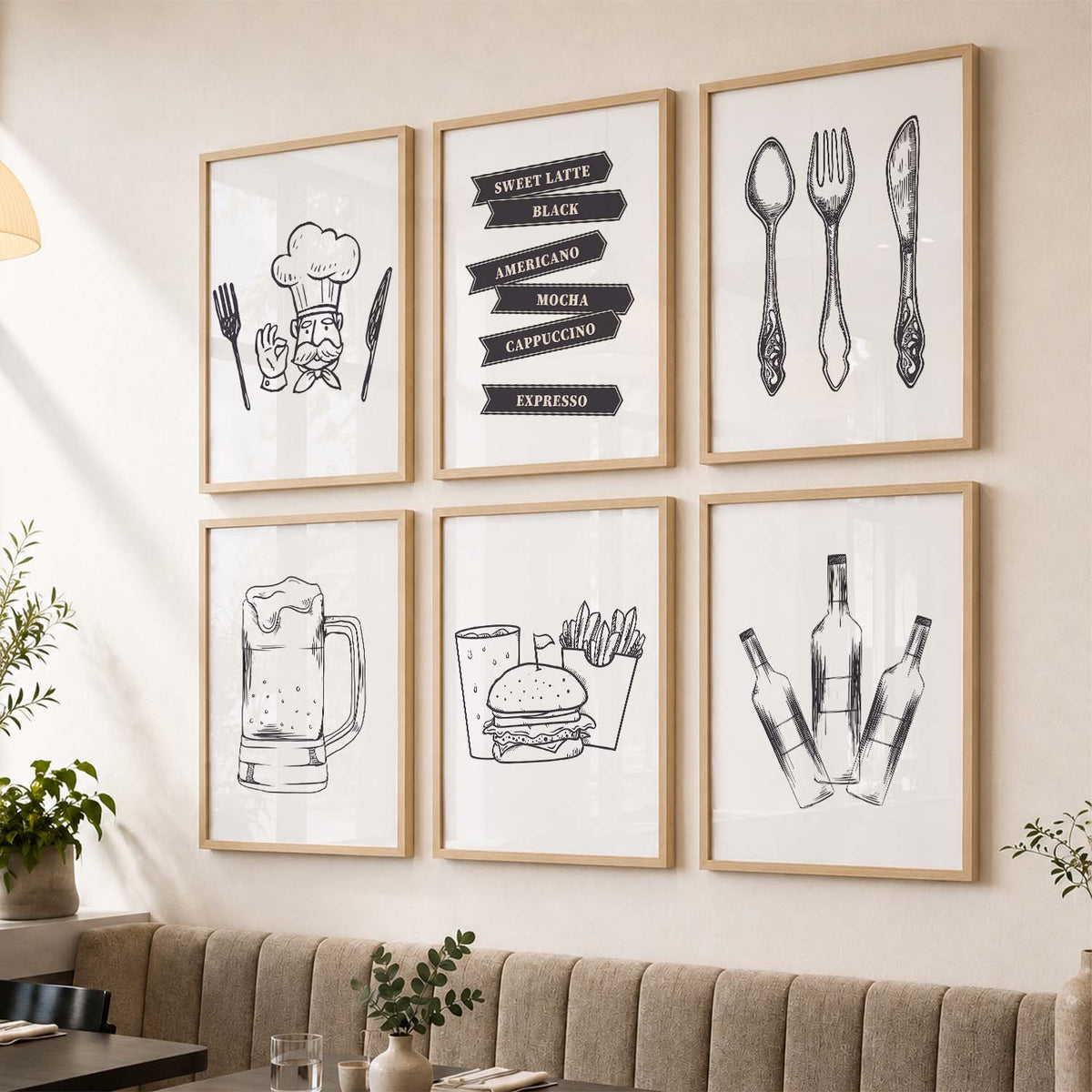 Kitchen Theme Framed Posters for Restaurant Kitchen Dinning Room Cafe Wall Decor Set of 6