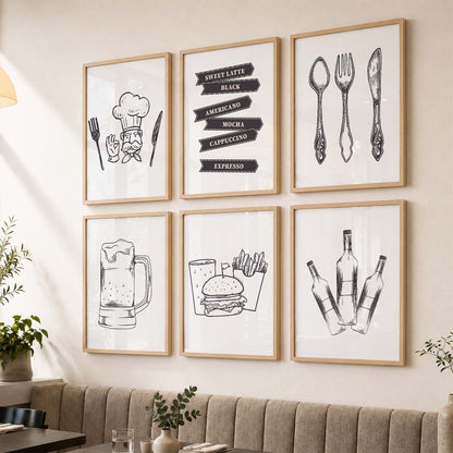 Kitchen Theme Framed Posters for Restaurant Kitchen Dinning Room Cafe Wall Decor Set of 6