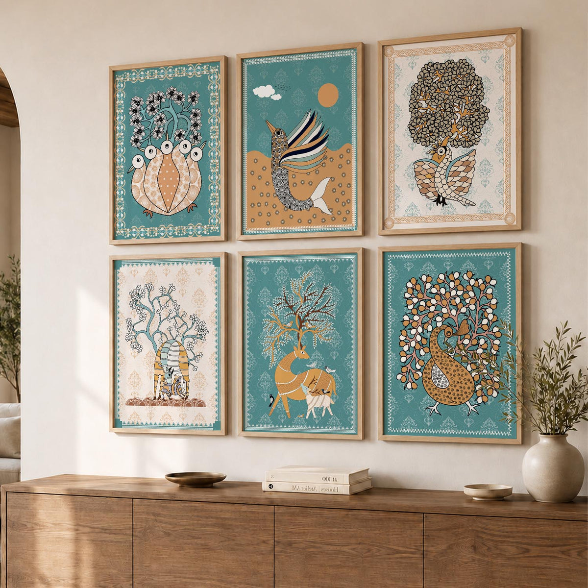 Traditional Indian Madhubani Art Prints with Frame for Wall Decor