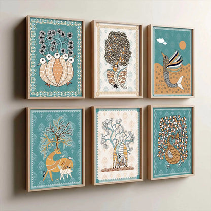 Traditional Indian Madhubani Art Prints with Frame for Wall Decor