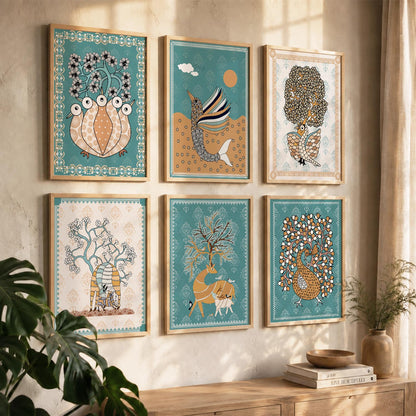 Traditional Indian Madhubani Art Prints with Frame for Wall Decor