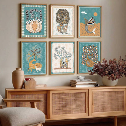 Traditional Indian Madhubani Art Prints with Frame for Wall Decor