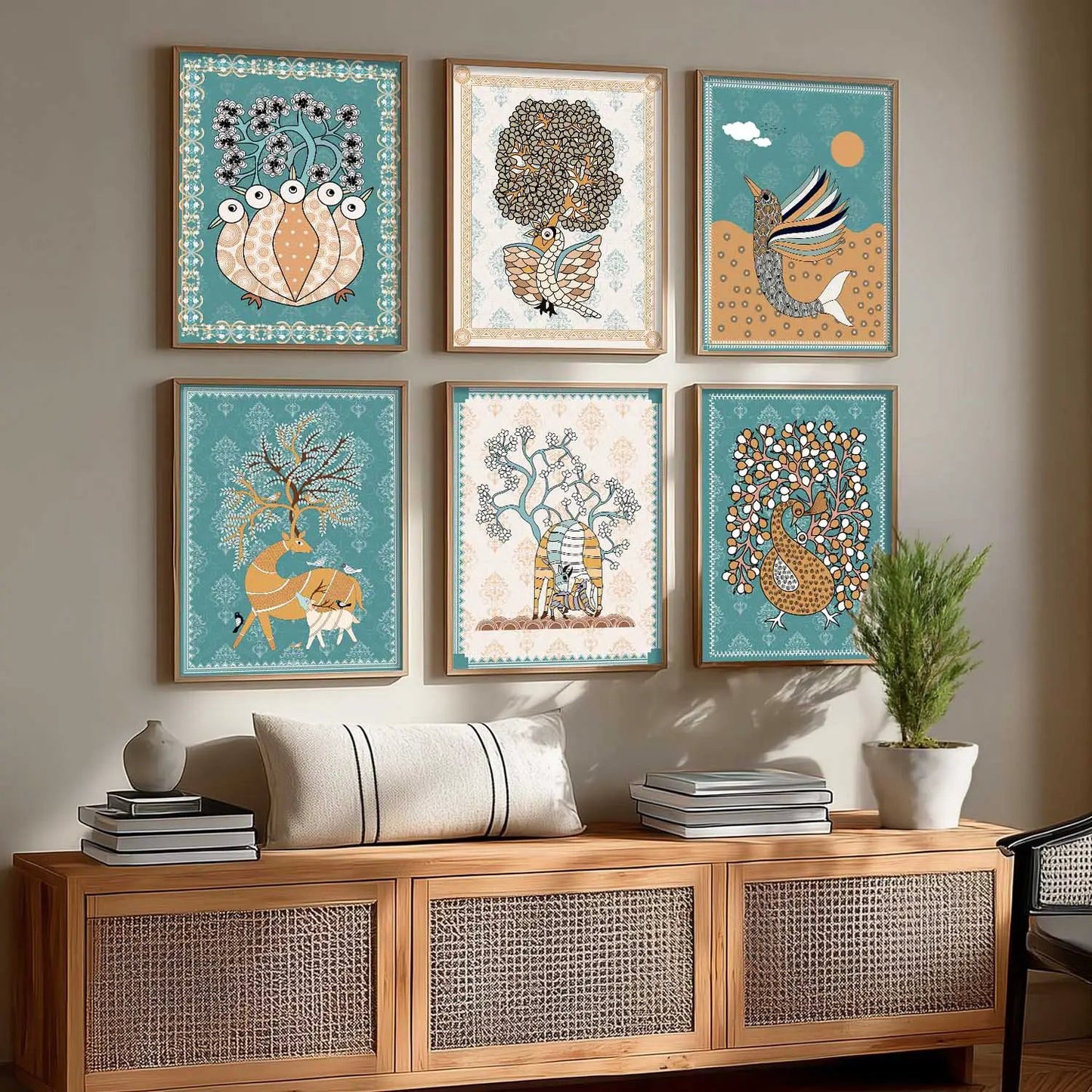 Traditional Indian Madhubani Art Prints with Frame for Wall Decor