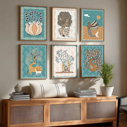 Traditional Indian Madhubani Art Prints with Frame for Wall Decor