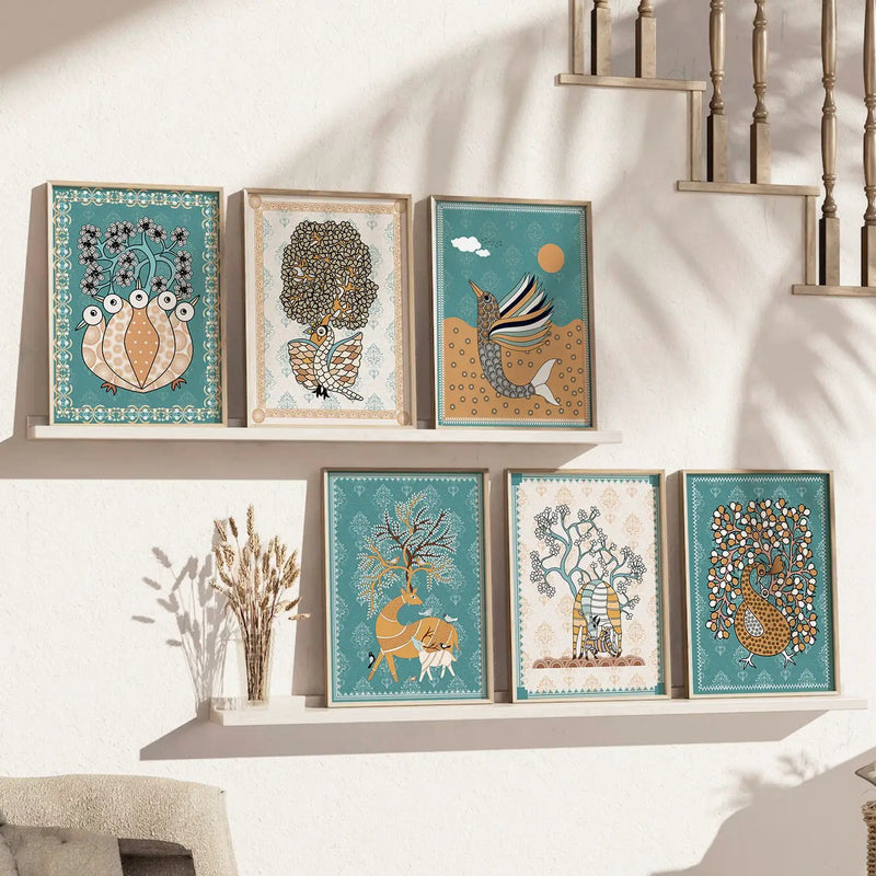 Traditional Indian Madhubani Art Prints with Frame for Wall Decor