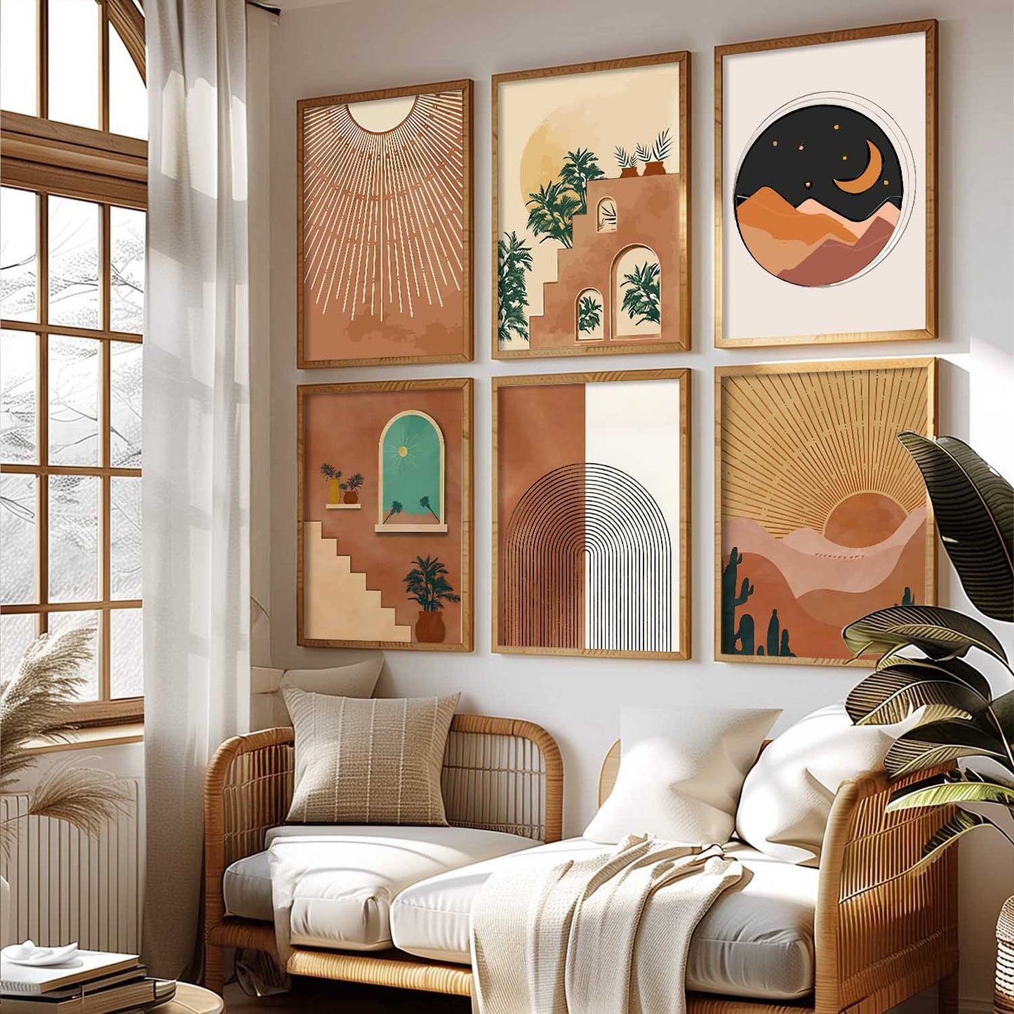 Boho Art Framed Posters for Home Living Room Bedroom Wall Decor Set of 6