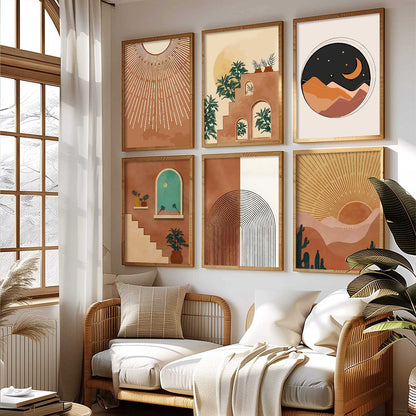 Boho Art Framed Posters for Home Living Room Bedroom Wall Decor Set of 6