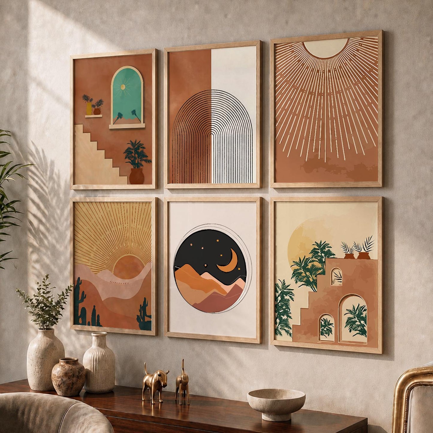 Sunburst Boho Warm Wall Art Set of 6 Framed Prints