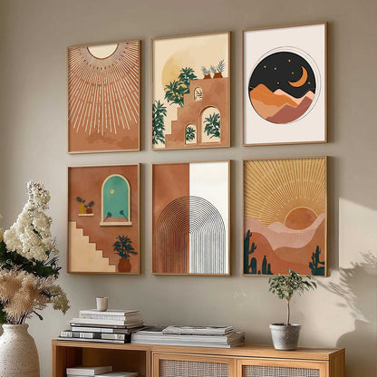 Boho Art Framed Posters for Home Living Room Bedroom Wall Decor Set of 6