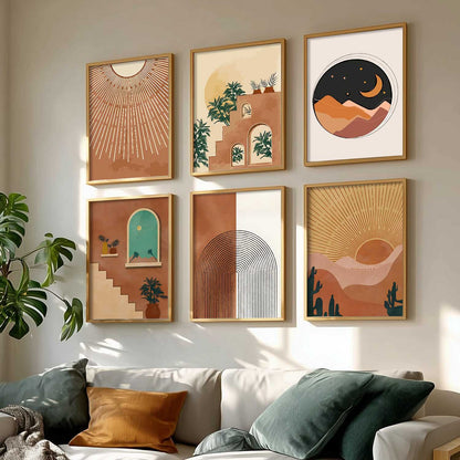 Boho Art Framed Posters for Home Living Room Bedroom Wall Decor Set of 6