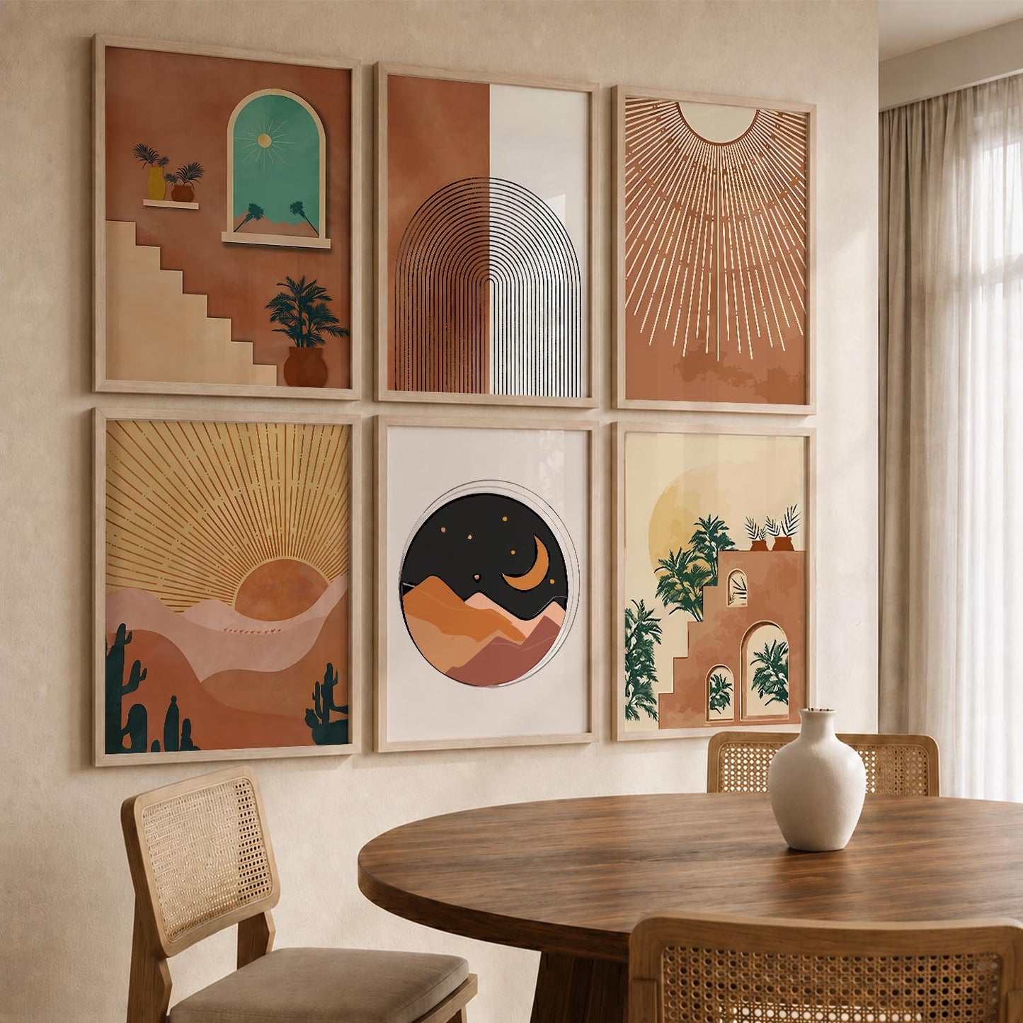Sunburst Boho Warm Wall Art Set of 6 Framed Prints