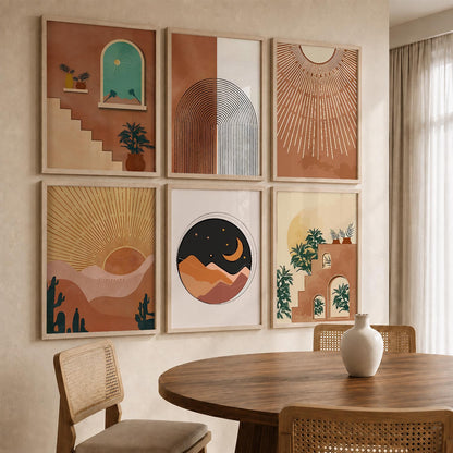 Sunburst Boho Warm Wall Art Set of 6 Framed Prints