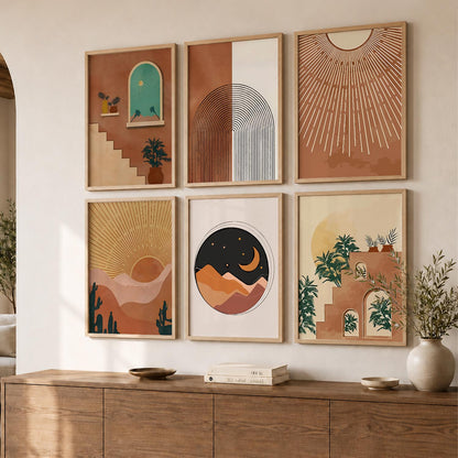 Sunburst Boho Warm Wall Art Set of 6 Framed Prints