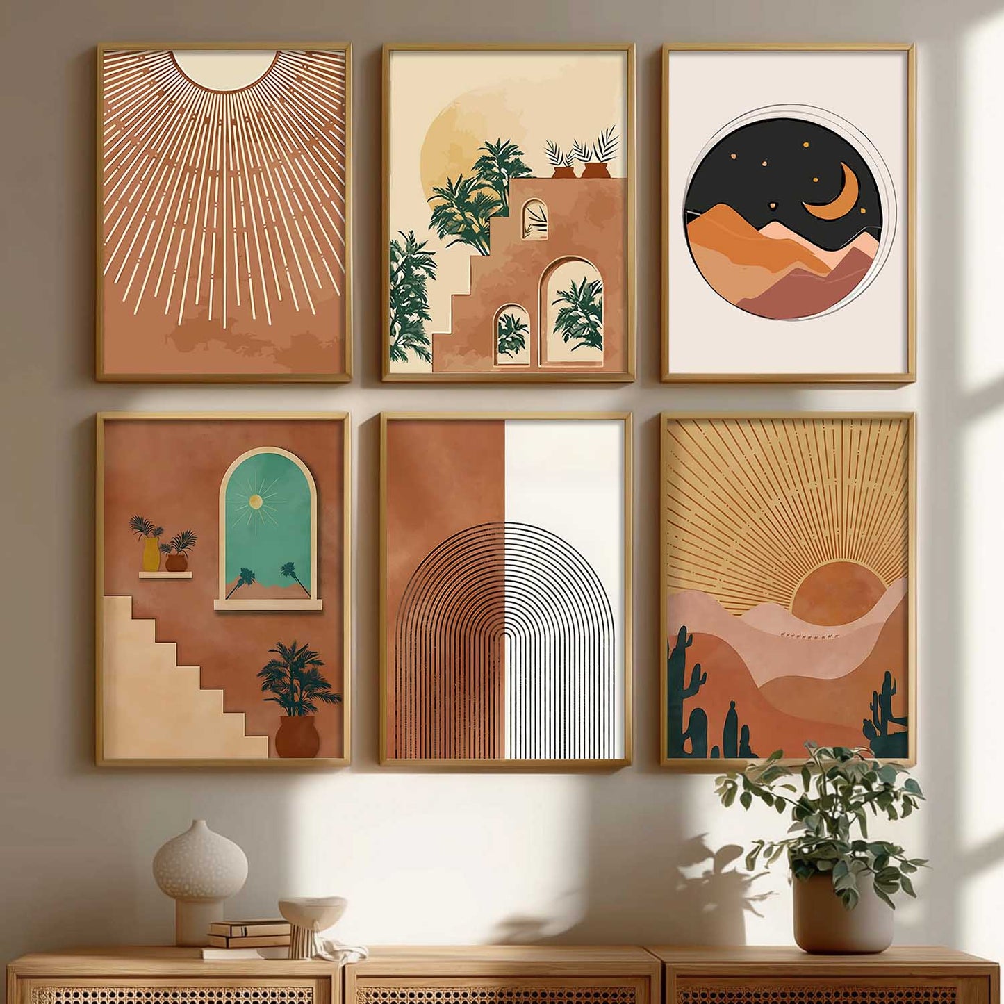 Boho Art Framed Posters for Home Living Room Bedroom Wall Decor Set of 6