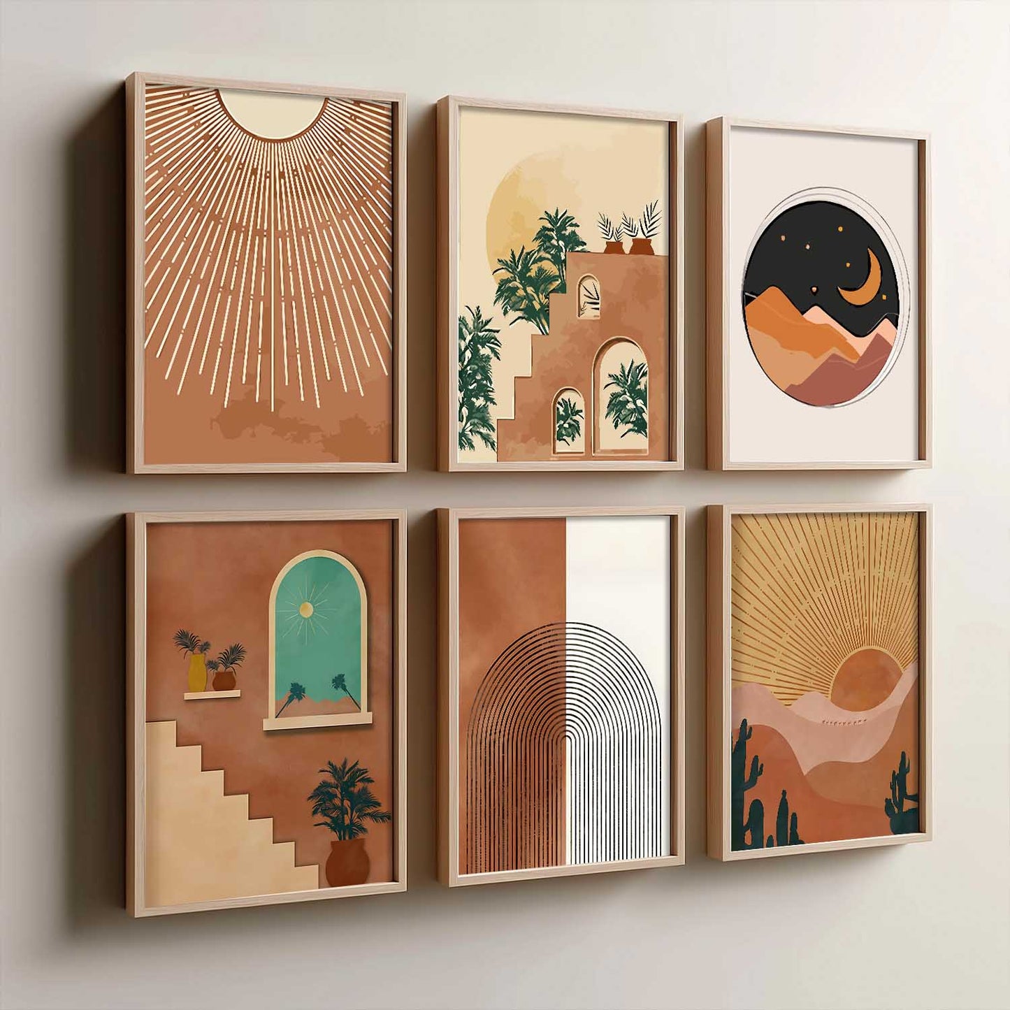 Boho Art Framed Posters for Home Living Room Bedroom Wall Decor Set of 6