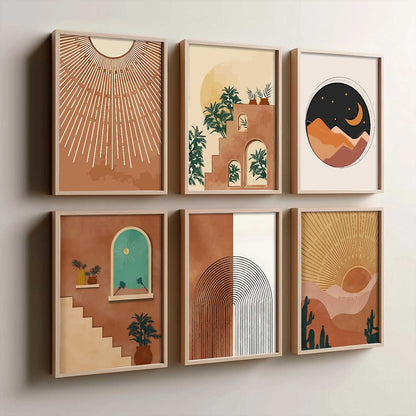 Boho Art Framed Posters for Home Living Room Bedroom Wall Decor Set of 6