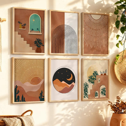 Sunburst Boho Warm Wall Art Set of 6 Framed Prints
