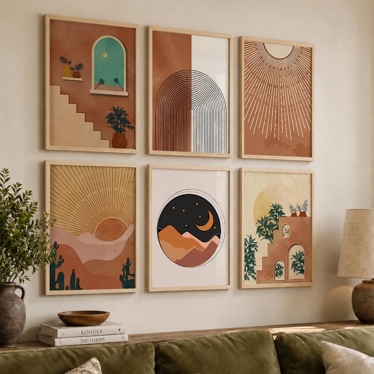 Sunburst Boho Warm Wall Art Set of 6 Framed Prints