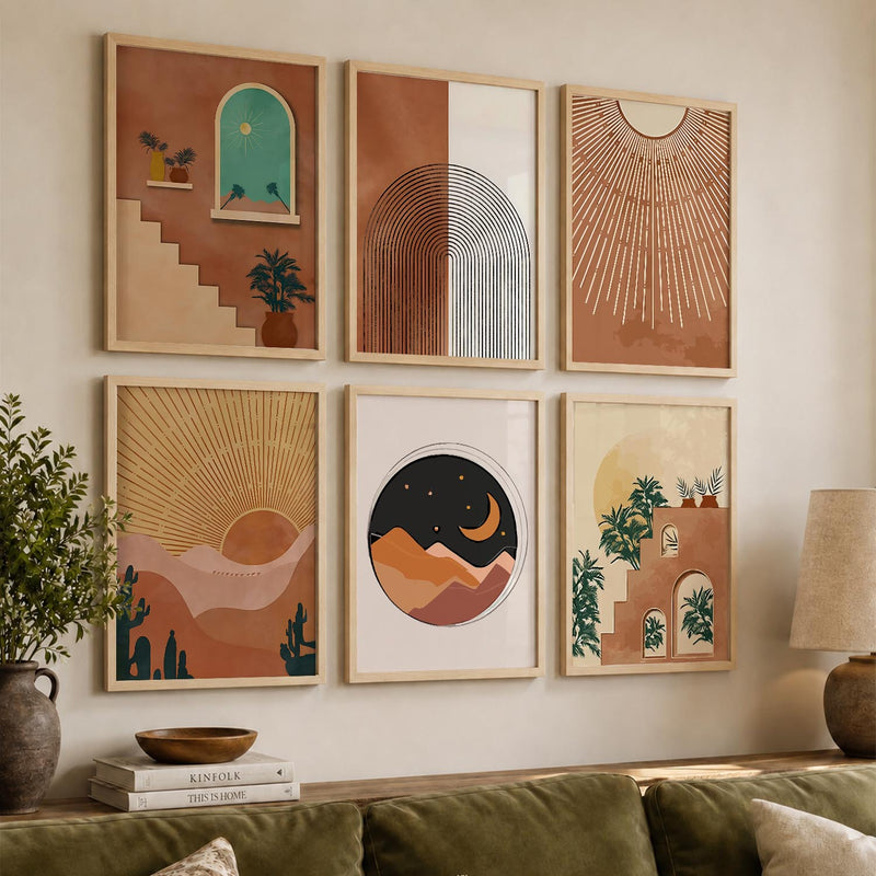 Sunburst Boho Warm Wall Art Set of 6 Framed Prints