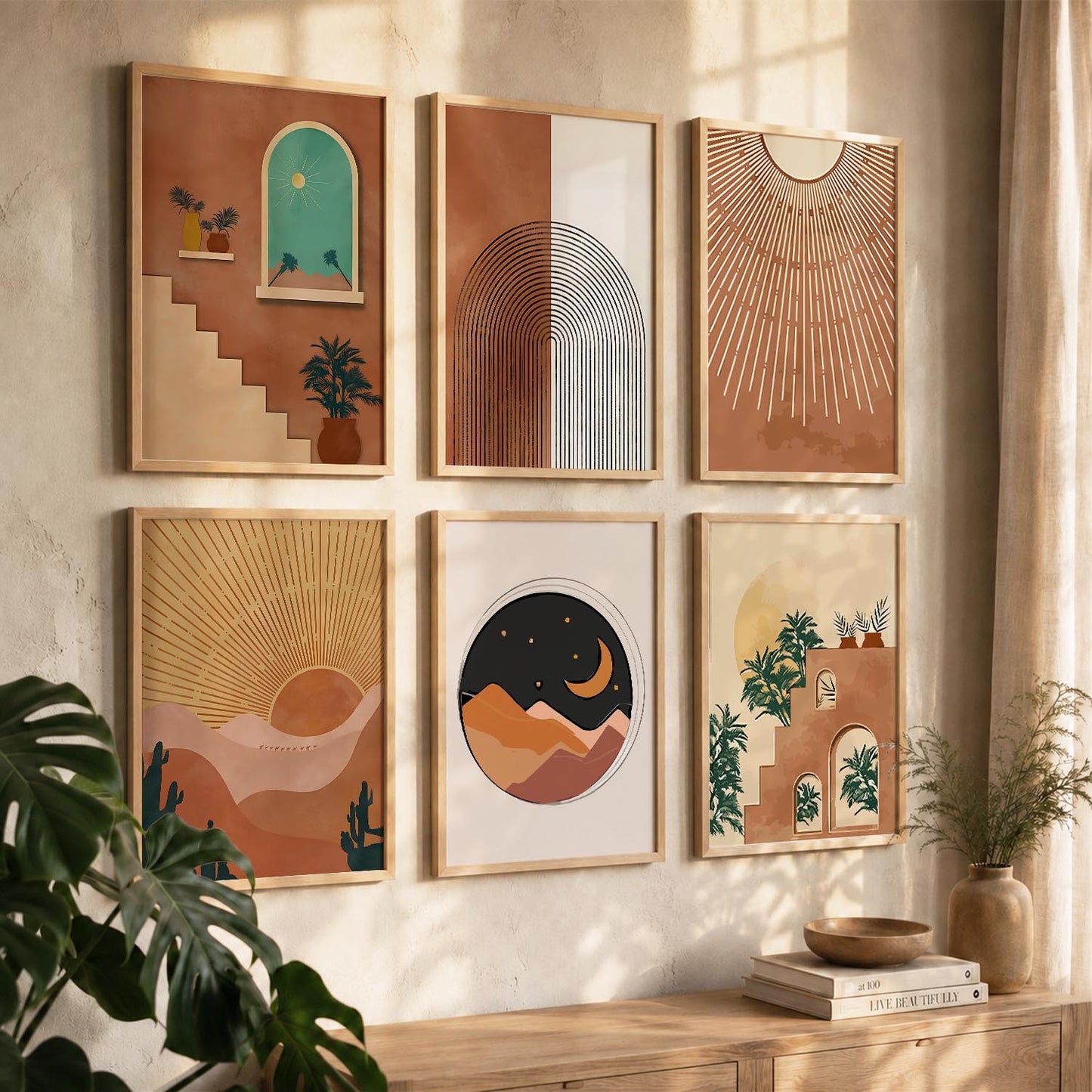 Sunburst Boho Warm Wall Art Set of 6 Framed Prints