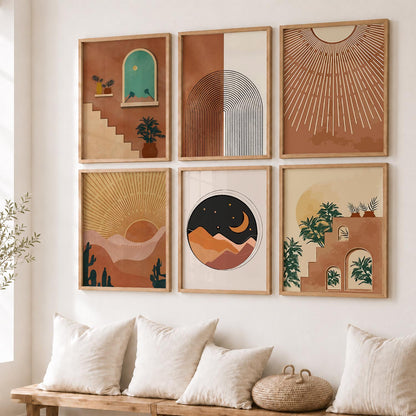 Sunburst Boho Warm Wall Art Set of 6 Framed Prints
