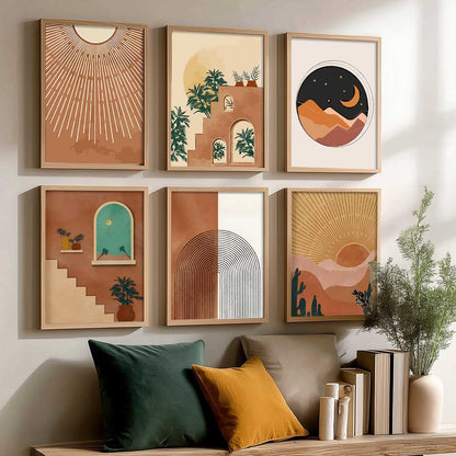 Boho Art Framed Posters for Home Living Room Bedroom Wall Decor Set of 6