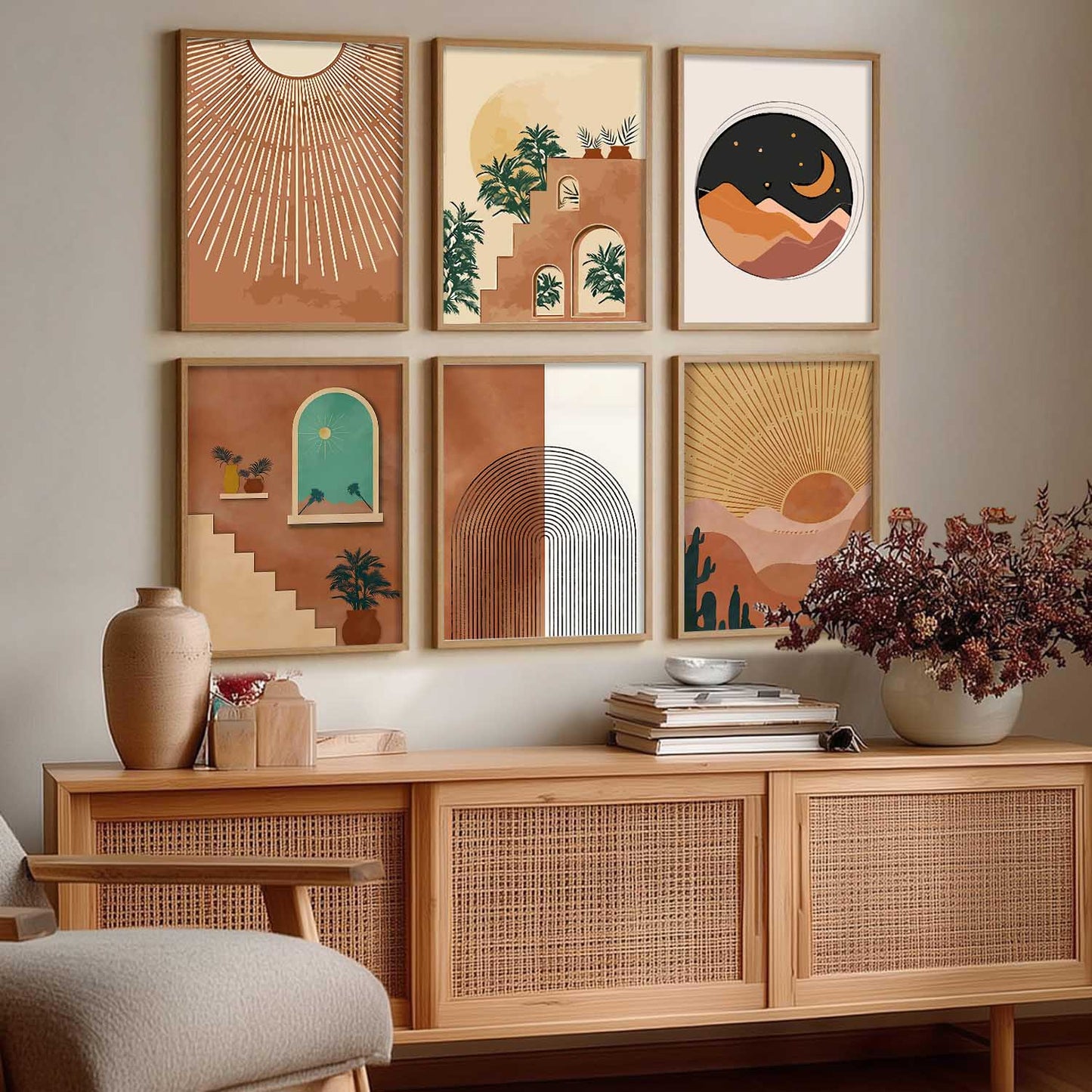 Boho Art Framed Posters for Home Living Room Bedroom Wall Decor Set of 6