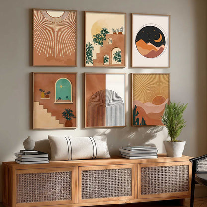 Boho Art Framed Posters for Home Living Room Bedroom Wall Decor Set of 6