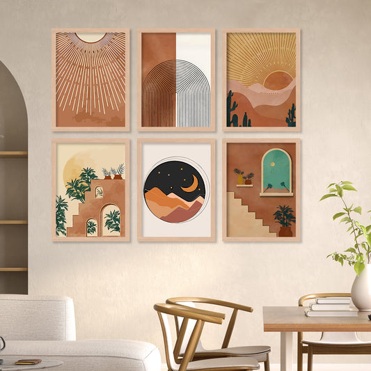Boho Art Framed Posters for Home Living Room Bedroom Wall Decor Set of 6