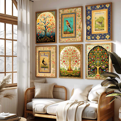 Traditional Indian Madhubani / Pichwai Art  Framed Posters for Home Living Room Bedroom Wall Decor Set of 6