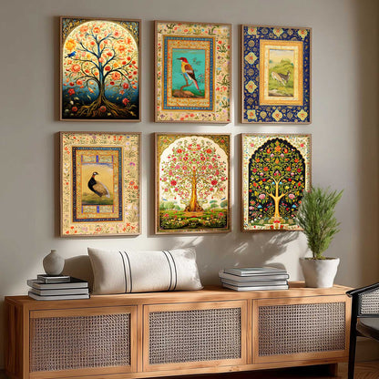 Traditional Indian Madhubani / Pichwai Art  Framed Posters for Home Living Room Bedroom Wall Decor Set of 6