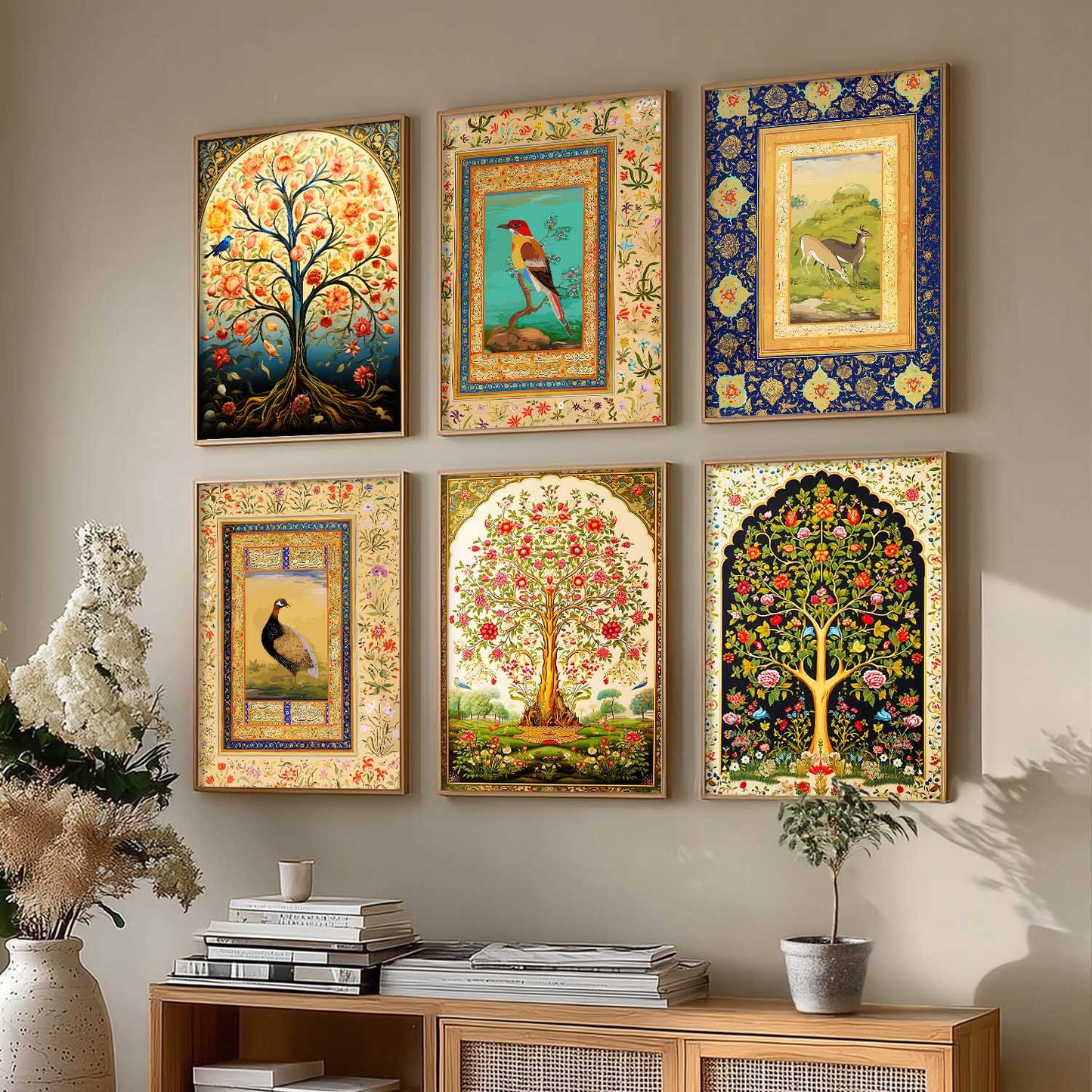 Traditional Indian Madhubani / Pichwai Art  Framed Posters for Home Living Room Bedroom Wall Decor Set of 6