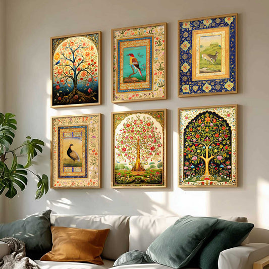 Traditional Indian Madhubani / Pichwai Art  Framed Posters for Home Living Room Bedroom Wall Decor Set of 6