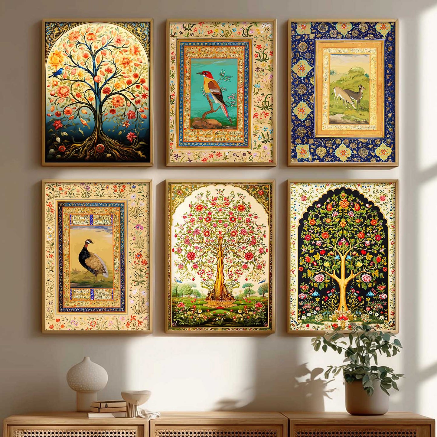 Traditional Indian Madhubani / Pichwai Art  Framed Posters for Home Living Room Bedroom Wall Decor Set of 6