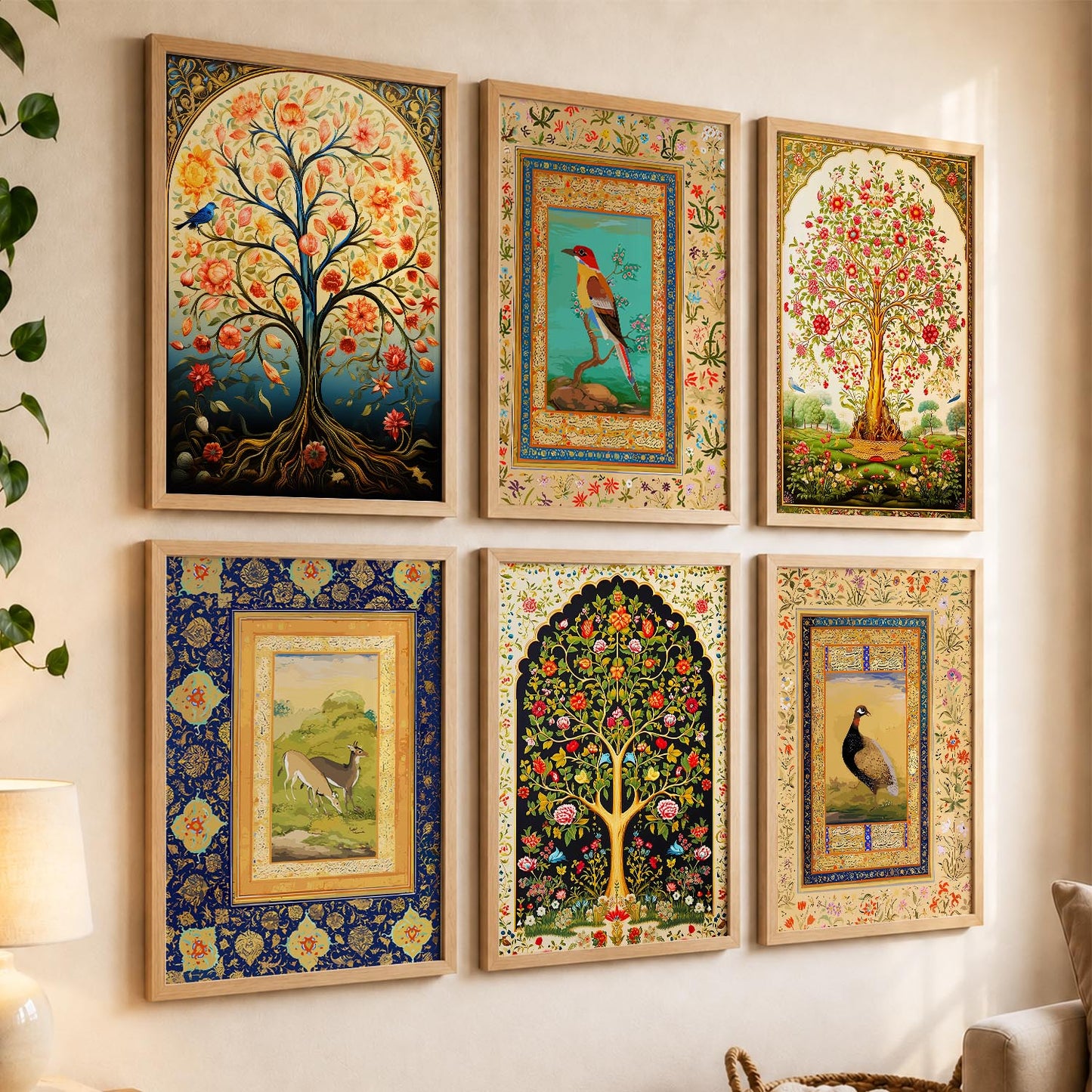 Traditional Indian Madhubani / Pichwai Art  Framed Posters for Home Living Room Bedroom Wall Decor Set of 6