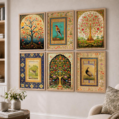 Traditional Indian Madhubani / Pichwai Art  Framed Posters for Home Living Room Bedroom Wall Decor Set of 6