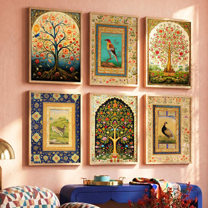 Traditional Indian Madhubani / Pichwai Art  Framed Posters for Home Living Room Bedroom Wall Decor Set of 6