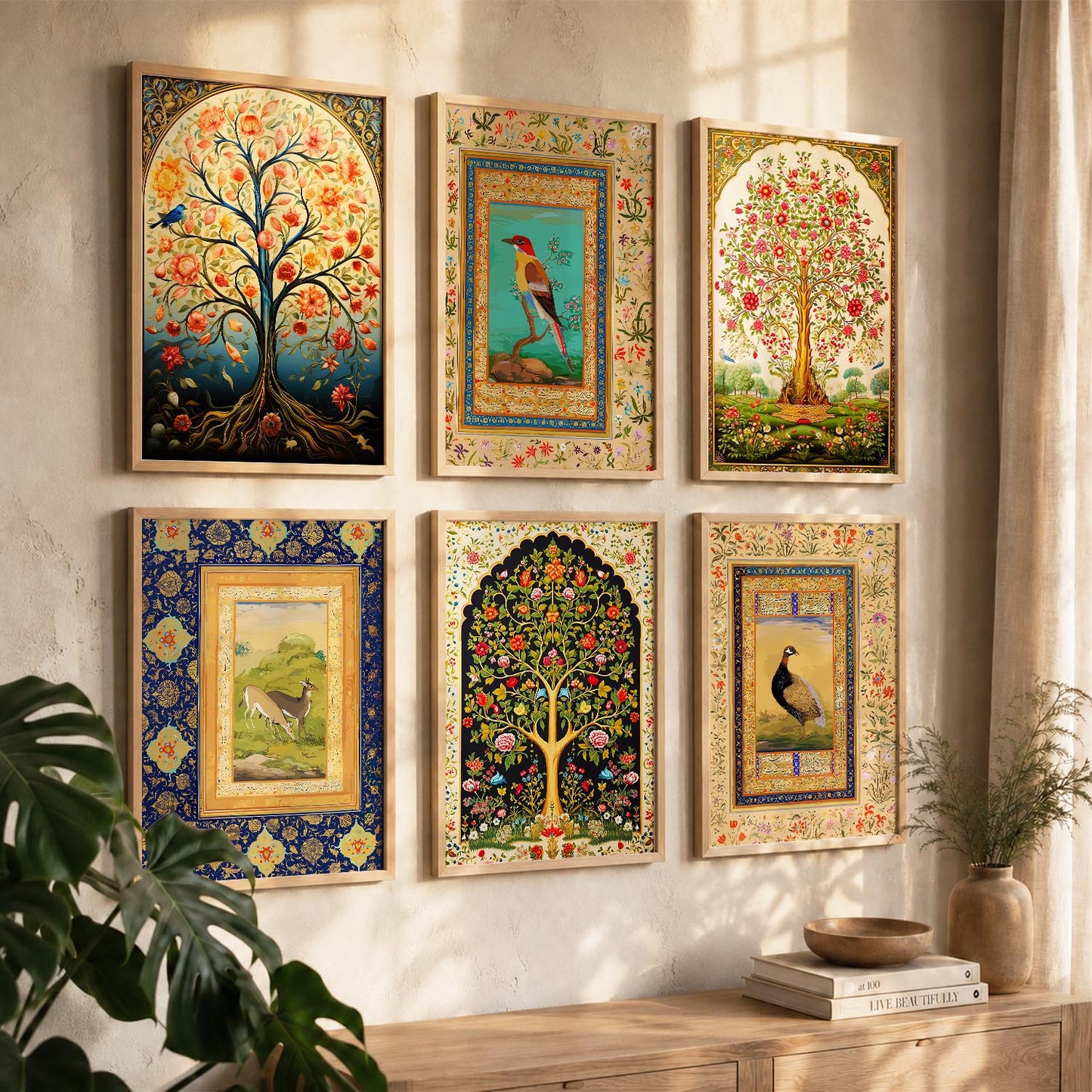 Traditional Indian Madhubani / Pichwai Art  Framed Posters for Home Living Room Bedroom Wall Decor Set of 6