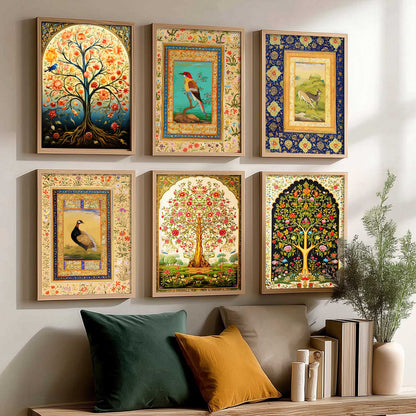 Traditional Indian Madhubani / Pichwai Art  Framed Posters for Home Living Room Bedroom Wall Decor Set of 6