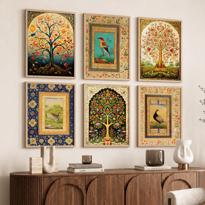 Traditional Indian Madhubani / Pichwai Art  Framed Posters for Home Living Room Bedroom Wall Decor Set of 6