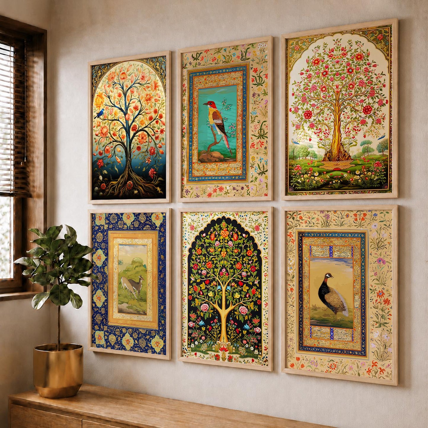 Traditional Indian Madhubani / Pichwai Art  Framed Posters for Home Living Room Bedroom Wall Decor Set of 6